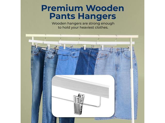 SereneLife 30 Pack Wooden Pants Hangers with Clips White 14'x0.5'x6.7', Heavy Duty Wood Skirt Hangers with 360° Swivel Hook & Adjustable Non-Slip...