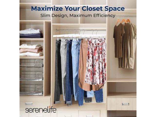 SereneLife 30 Pack Wooden Pants Hangers with Clips White 14'x0.5'x6.7', Heavy Duty Wood Skirt Hangers with 360° Swivel Hook & Adjustable Non-Slip...