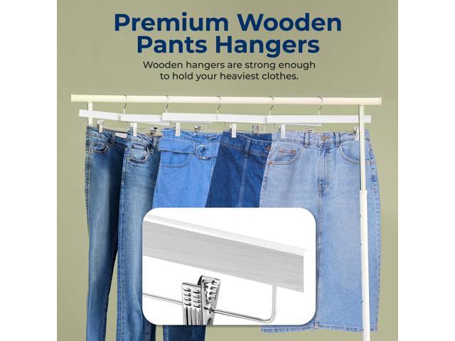 SereneLife 20 Pack Wooden Pants Hangers with Clips White 14'x0.5'x6.7', Heavy Duty Skirt Hangers with Adjustable Non-Slip Steel Clips & 360°...