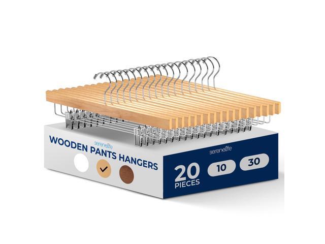 SereneLife 20 Pack Wooden Pants Hangers with Clips Natural Wood 14'x0.5'x6.7', Heavy Duty Skirt Hangers with Adjustable Non-Slip Steel Clips &...