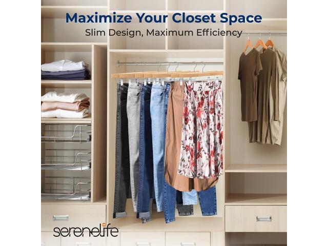 SereneLife 10 Pcs. Premium Wooden Pants Hangers - Heavy Duty Set with Chrome 360° Swivel Hook & Adjustable Steel Clips (Natural)