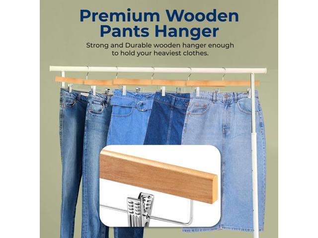 SereneLife 10 Pcs. Premium Wooden Pants Hangers - Heavy Duty Set with Chrome 360° Swivel Hook & Adjustable Steel Clips (Natural)