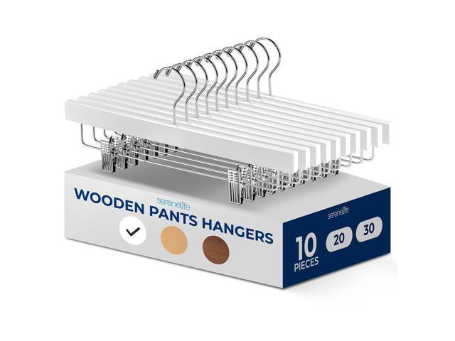 SereneLife 10 Pcs. Premium Wooden Pants Hangers - Heavy Duty Set with Chrome 360° Swivel Hook & Adjustable Steel Clips (White)