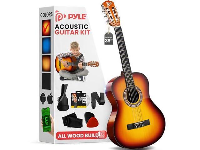 Pyle Beginner Acoustic Guitar Kit, 4/4 Full Size All Wood Instrument for Beginners, Adults, 39' Brown Gloss