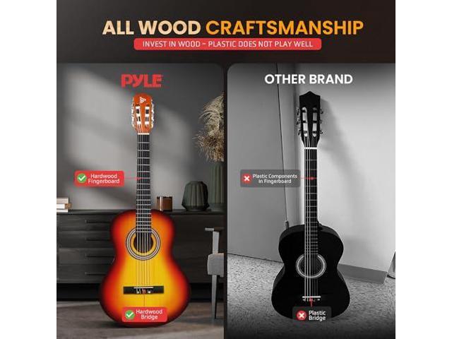 Pyle Beginner Acoustic Guitar Kit, 4/4 Full Size All Wood Instrument for Beginners, Adults, 39' Brown Gloss