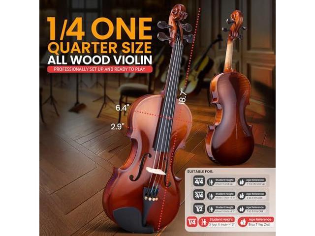 Pyle 1/4 Size Beginner Violin Starter Kit, Violin Starter Package with Travel Case & Bow, Extra Strings, Digital Tuner, Shoulder Rest & Cleaning...