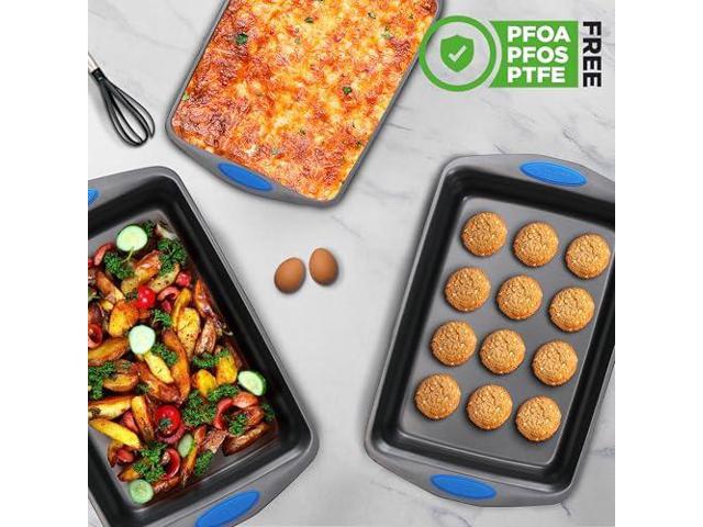 NutriChef 3-Piece Baking Pan Set - Premium Nonstick Carbon Steel Bakeware w/ Silicone Handles - Includes Large, Medium, & Small Pans for Baking &...