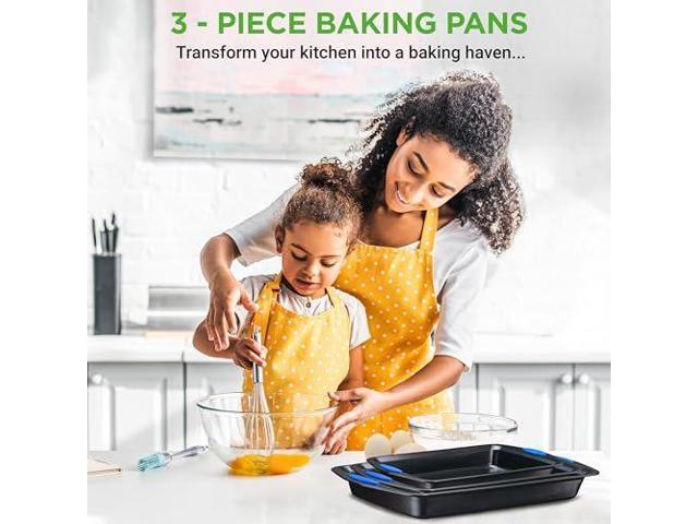 NutriChef 3-Piece Baking Pan Set - Premium Nonstick Carbon Steel Bakeware w/ Silicone Handles - Includes Large, Medium, & Small Pans for Baking &...