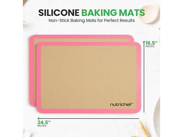 Nutrichef Silicone Baking Mats - 2 Non-stick Food-Grade Reusable Silicone Mats - Perfect for Half Baking Pans 16.5 x 11.6 IN - Oven-Safe Up to 480...