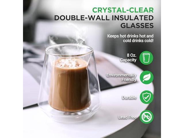 NutriChef Double Wall Insulated Glasses - 2pcs 8 oz High Borosilicate Glass Sweat Free Mugs Clear Drinkware for Hot/Cold Drinks, Coffee, Espresso,...