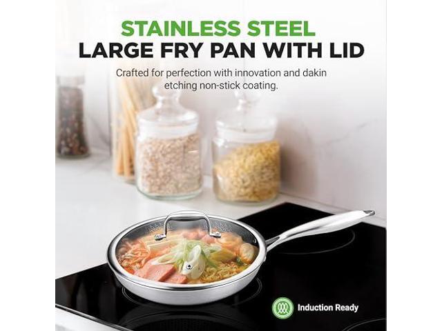 NutriChef 12' Stainless Steel Frying Pan - Triply Hybrid Skillet w/DAKIN Etching Non-Stick Coating, Scratch-resistant Raised-up Honeycomb Fire...