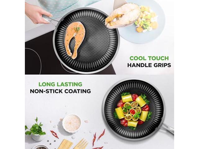 NutriChef 12' Stainless Steel Frying Pan - Triply Hybrid Skillet w/DAKIN Etching Non-Stick Coating, Scratch-resistant Raised-up Honeycomb Fire...