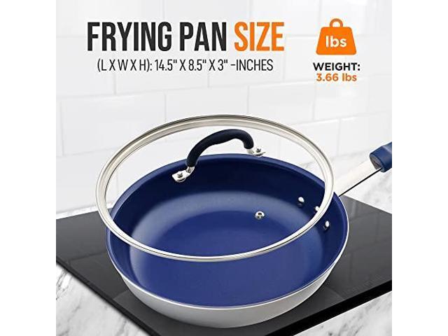 NutriChef 8' Fry Pan With Lid - Small Skillet Nonstick Frying Pan With Lid, Silicone Handle, Ceramic Coating, Blue Silicone Handle, Stain-Resistant...