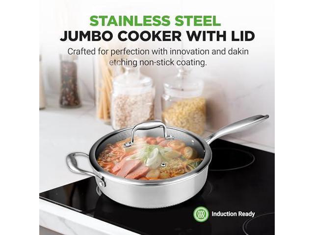 NutriChef 3.4QT Deep Frying Pan with Lid - Stainless Steel Non-Stick Saute Pan, Scratch-Resistant Honeycomb Texture, Oven & Induction Safe Skillet