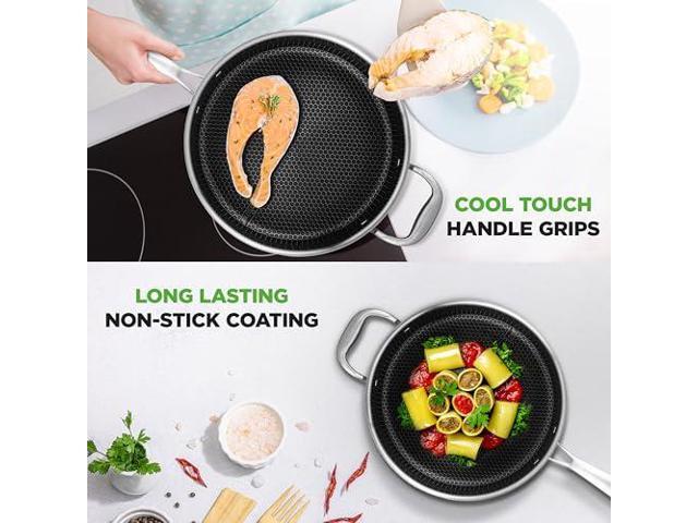 NutriChef 3.4QT Deep Frying Pan with Lid - Stainless Steel Non-Stick Saute Pan, Scratch-Resistant Honeycomb Texture, Oven & Induction Safe Skillet