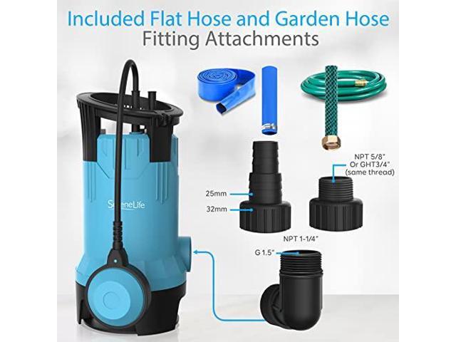 SereneLife 1HP Sump Pump Submersible, 3300GPH Water Pump for Pool Draining with Auto Float Switch, 3pc Adapter Set for USA Garden and Flat Hose,...