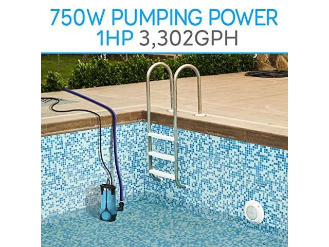 SereneLife 1HP Sump Pump Submersible, 3300GPH Water Pump for Pool Draining with Auto Float Switch, 3pc Adapter Set for USA Garden and Flat Hose,...