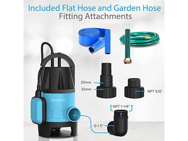 SereneLife 1/2HP Sump Pump Submersible, 1980GPH Water Pump for Pool Draining with Auto Float Switch, 3pc Adapter Set for USA Garden and Flat Hose,...