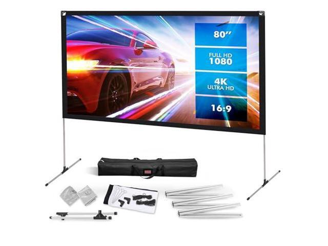 pyle projector screen with stand - 80' 16:9 hd 4k portable lightweight freestanding foldable indoor outdoor movie projection display with frame for...