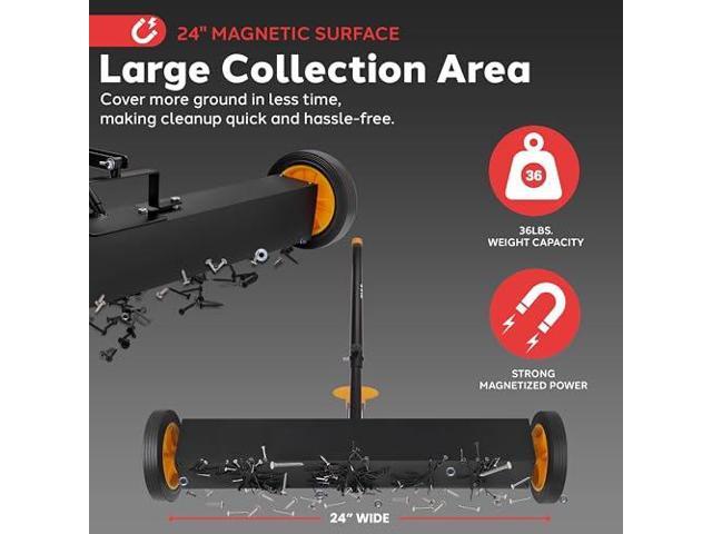 Pyle 24 Rolling Magnetic Sweeper with Adjustable Handle - Strong and Durable Metal Construction, Heavy-Duty Cleaning, Metal Pickup for Industrial...