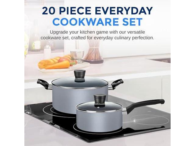 SereneLife Kitchenware Pots & Pans Basic Kitchen Cookware, Black Non-Stick Coating Inside, Heat Resistant Lacquer (20-Piece Set), One Size, Gray