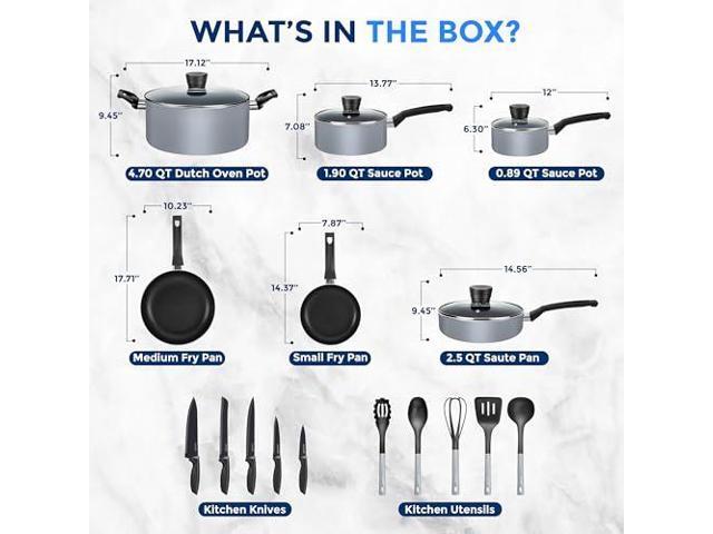 SereneLife Kitchenware Pots & Pans Basic Kitchen Cookware, Black Non-Stick Coating Inside, Heat Resistant Lacquer (20-Piece Set), One Size, Gray