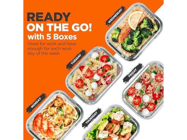NutriChef 10-Piece Superior Glass Food Storage Containers Set (5 Containers + 5 Locking Lids),Stackable Meal-prep Design, BPA-free Airtight Clear...