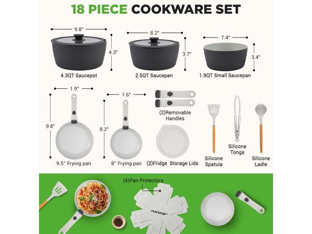 NutriChef 18-Piece Ceramic Cookware Set with Detachable Handles, Space-Saving Nonstick Pots, Pans & Lids, Oven-Safe Bowls, Stackable Storage,...