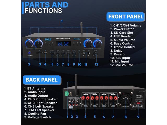 Pyle Compact Home Theater Amplifier Stereo Receiver - Bluetooth, USB, SD, FM Radio, 800W Max PDA77BU