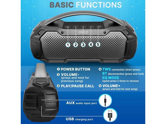 Pyle Portable Wireless Bluetooth Streaming Speaker - IPX6 Waterproof, TWS Function, Outdoor Play, Built-in Microphone - Black