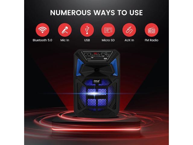 Pyle Portable Bluetooth PA Speaker System Kit - Karaoke Speaker with Wired Mic, LED Party Lights, FM Radio, USB/SD Readers, and Stand - PPHP82SM