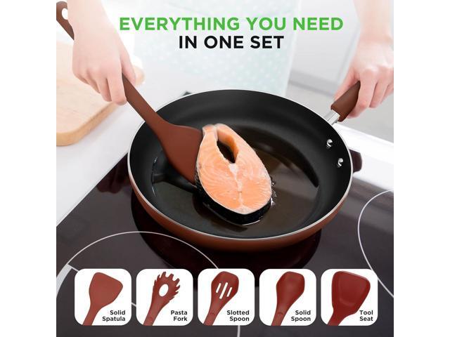 NutriChef USA Kitchen Cooking Utensils Set - Heat-Resistant Nylon - Brown - NCWSTKBRUTENS - 5pc