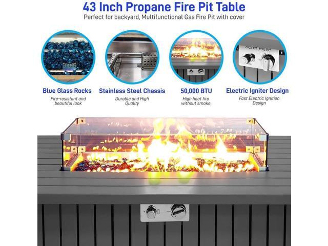 SereneLife Propane Gas Fire Pit Table - 50,000 BTU Rectangle Gas Fire Pit with Glass Wind Guard and Weather Cover