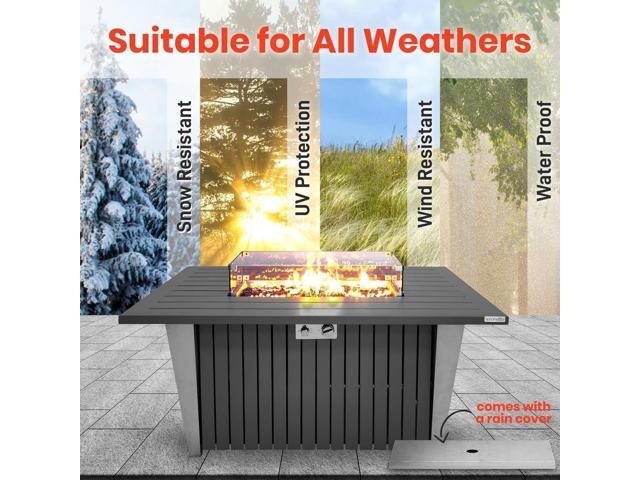 SereneLife Propane Gas Fire Pit Table - 50,000 BTU Rectangle Gas Fire Pit with Glass Wind Guard and Weather Cover