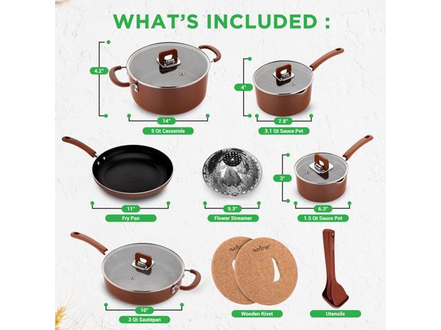 NutriChef 17-Piece Stackable Non-Stick Kitchenware Cookware Set - Brown (NCCWSTKBR)