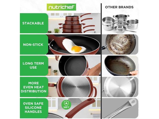 NutriChef 17-Piece Stackable Non-Stick Kitchenware Cookware Set - Brown (NCCWSTKBR)