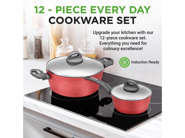 NutriChef 12-Piece Non-Stick Kitchenware Pots & Pans Set Red (NCCW12RED)