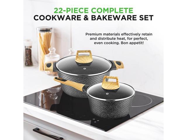NutriChef 22-Piece Kitchenware, Kitchen Tools, and Bakeware Set Black Marble (NCCW22BLK)