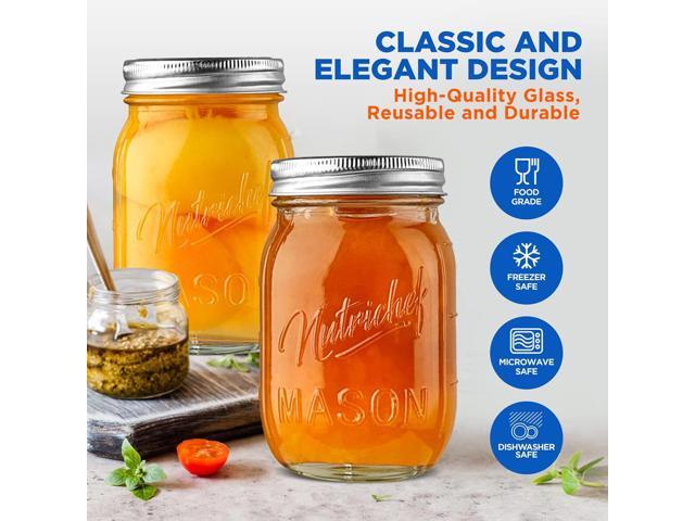 NutriChef 8-Piece Glass Mason Jars with Lids - 16oz Airtight Storage (NCMSJ8)