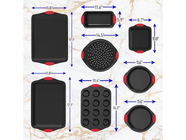 NutriChef 8-Piece Non-Stick Carbon Steel Bakeware Set with Red Silicone Handles - Gray Coating (NCSBS8S)