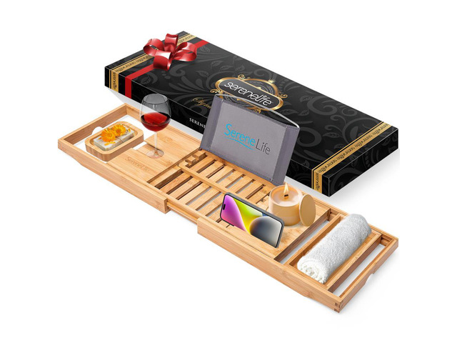 SereneLife Natural Bamboo Bathtub Caddy Tray - Adjustable Length with Soap Box (SLBCAD29N)