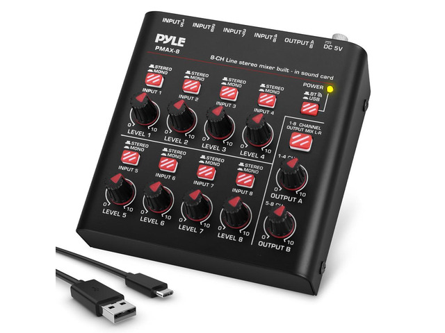 Pyle 8-Channel Wireless Bluetooth Mini Line Mixer with USB Audio Interface - PMAX8