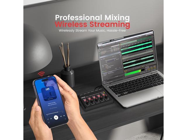 Pyle 4-Channel Wireless Bluetooth Streaming Mini Line Mixer with USB Audio Interface - PMAX4