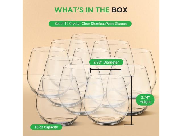 NutriChef Crystal-Clear Stemless Wine Glasses - 12-Piece Set (NGLWINE99)