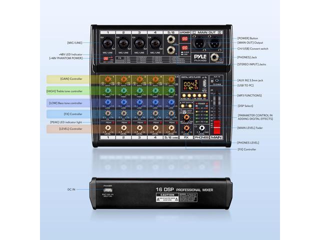 Pyle 6-Channel Audio Mixer - Multi-FX Processor, AUX Input, MP3 Player, XLR I/O - PMX466