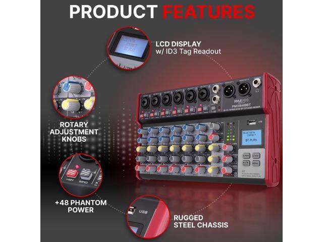 Pyle 8-Channel Bluetooth Studio Mixer - Pro Audio DJ Console with +48V Phantom Power - PMX848BT
