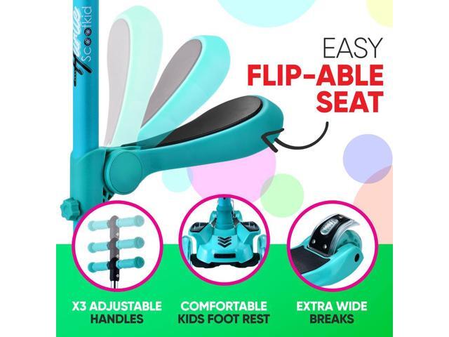Hurtle ScootKid 3-Wheel Kids Scooter - LED Wheel Lights, Fold-Out Comfort Seat, Adjustable T-Bar Handlebar (Ages 1+) - HURFS86TB
