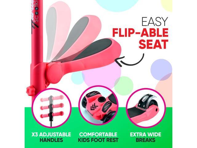 Hurtle ScootKid 3-Wheel Kids Scooter - LED Wheel Lights, Fold-Out Comfort Seat, Adjustable T-Bar Handlebar (Ages 1+) - HURFS79W (Watermelon)