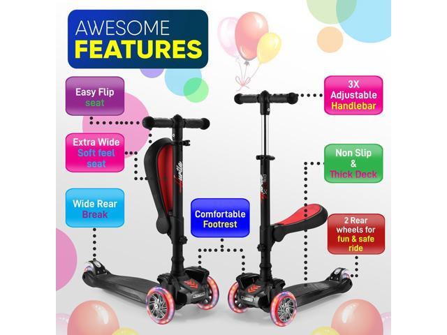 Hurtle ScootKid 3-Wheel Kids Scooter - LED Wheel Lights, Fold-Out Comfort Seat, Adjustable T-Bar Handlebar (Ages 1+) - HURFS96