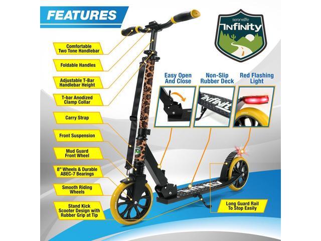 SereneLife Lightweight and Foldable Kick Scooter - Adjustable Alloy Deck with High Impact Wheels for Teens and Adults (Leopard) - SLTS85